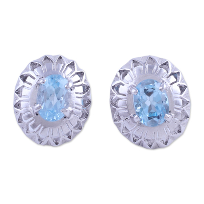 Rhodium Plated Blue Topaz Button Earrings from India