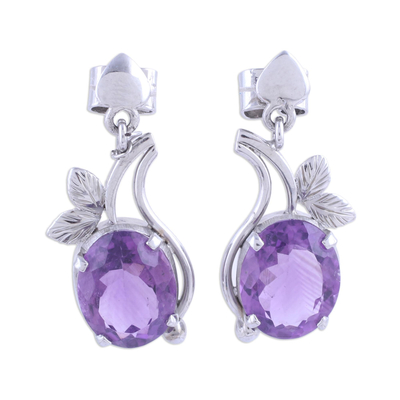 Rhodium Plated Leafy Amethyst Dangle Earrings from India
