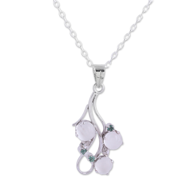 Rhodium Plated Moonstone and Emerald Pendant Necklace