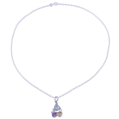 Multi Gemstone Pendant Necklace with Rhodium Plating