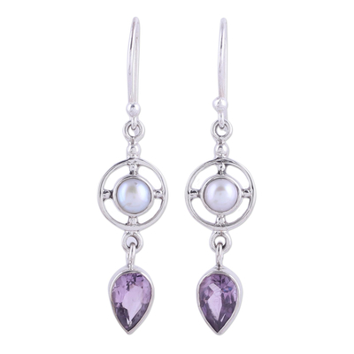 Amethyst and Cultured Pearl Dangle Earrings from India