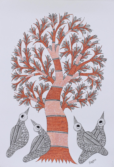Tree of Life with Birds Signed Freehand Indian Gond Painting