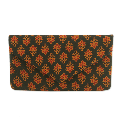 Printed Floral Cotton Clutch in Forest Green from India