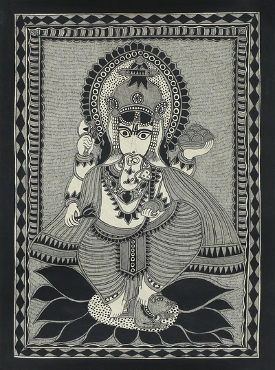 Freehand India Madhubani Folk Art Painting in Grey and Black
