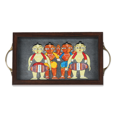 Bengali Drummers Painting on Grey Serving Tray