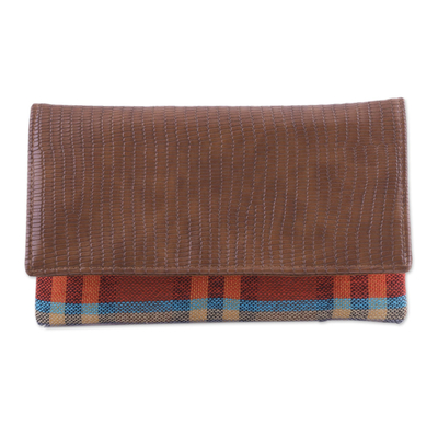 Leather Accent Cotton Clutch with Checks from India