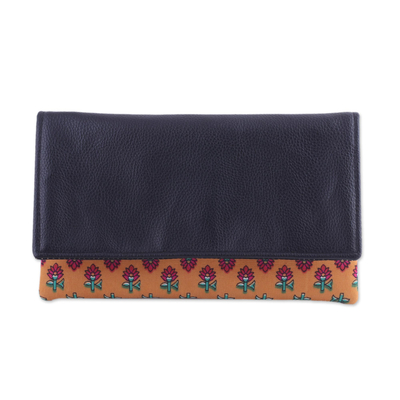 Leather Accent Cotton Clutch with Floral Motifs from India
