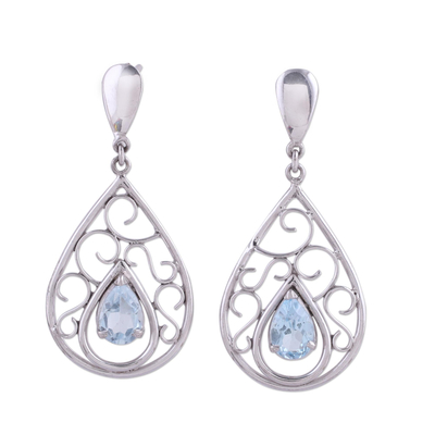 Rhodium Plated Silver and Blue Topaz Dangle Earrings