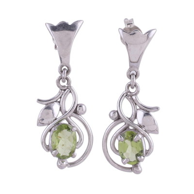 Peridot and Rhodium Plated Sterling Silver Dangle Earrings