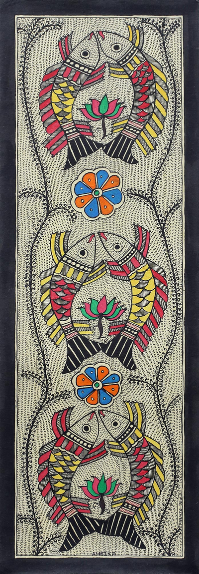 Signed Colorful Madhubani Fish Painting from India