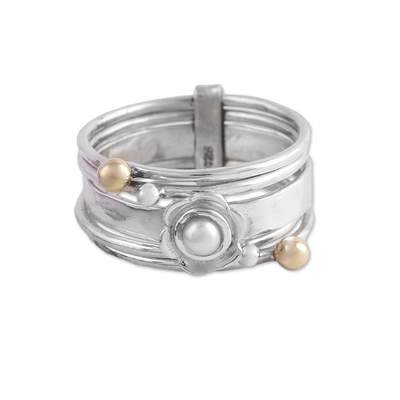 Novica Pearl and Sterling Silver Meditation Spinner Ring
