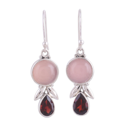 Garnet and Pink Chalcedony Dangle Earrings from India