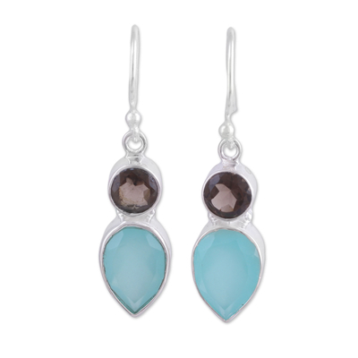 Chalcedony and Smoky Quartz Dangle Earrings from India
