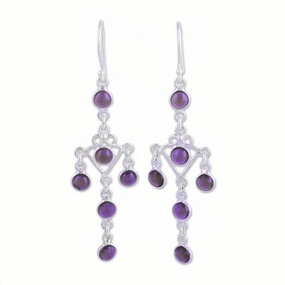 Amethyst and Silver Chandelier Earrings from India