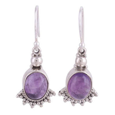 Fan-Shaped Purple Amethyst Dangle Earrings from India