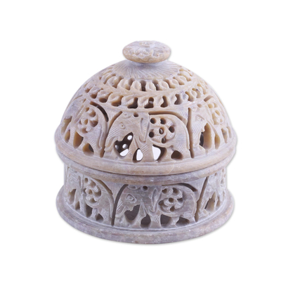 Elephant-Themed Soapstone Decorative Jar from India