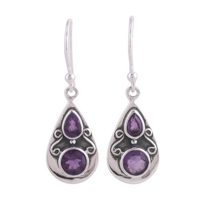 Drop-Shaped Amethyst Dangle Earrings from India