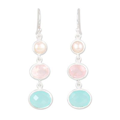 Chalcedony Rose Quartz and Pearl Earrings from India