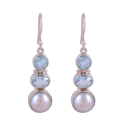 Blue Topaz and Cultured Pearl Dangle Earrings from India