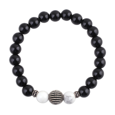 Onyx and Howlite Beaded Stretch Bracelet from India