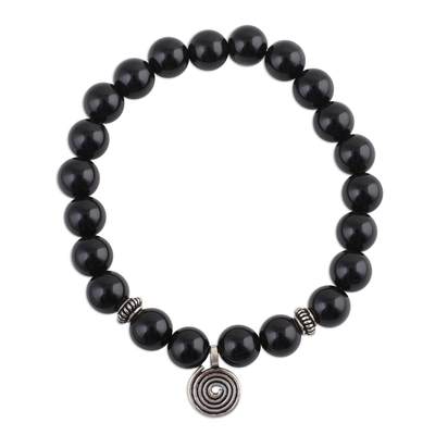 Onyx and Silver Beaded Stretch Bracelet from India