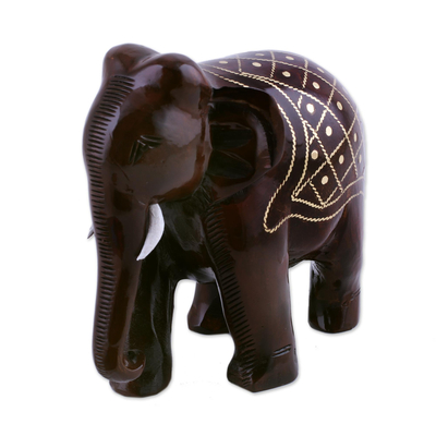 High Polish Wood and Brass Inlay Elephant Figurine