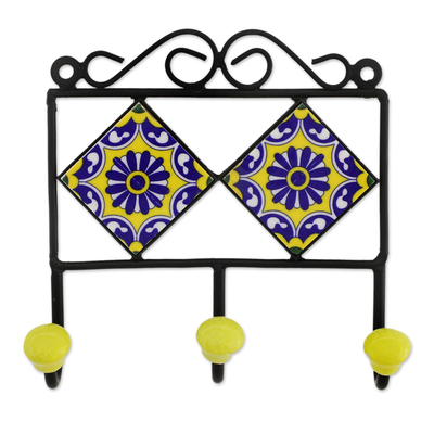 Painted Floral Ceramic Coat Rack in Yellow from India