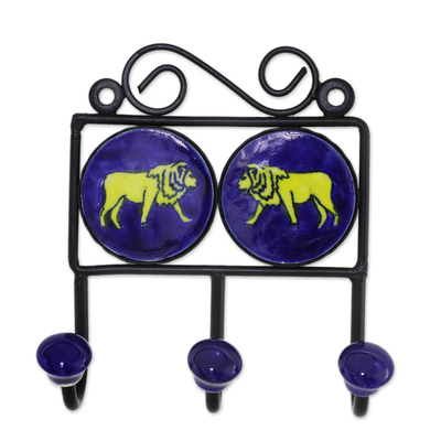 Ceramic Coat Rack Painted with Lion Motifs from India