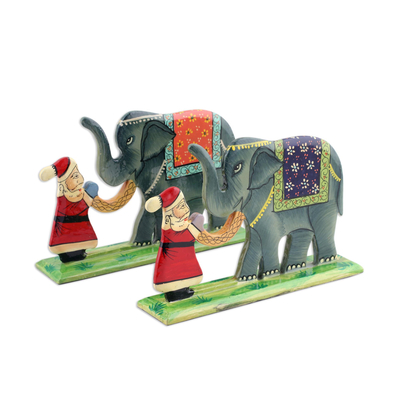 Hand Painted Christmas Decor with Santa and Elephants (Pair)