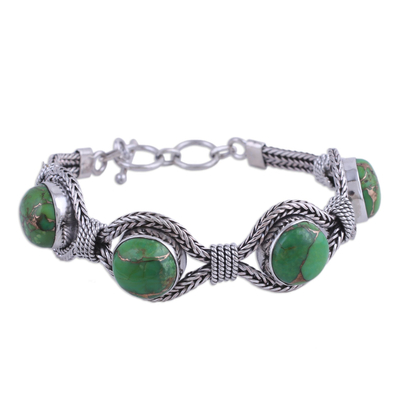 Handmade Green Composite Turquoise Braided Sterling Silver Link Bracelet