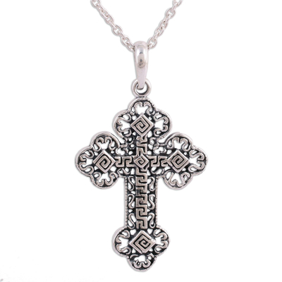 Greek Key Motif Sterling Silver Cross Pendant Necklace