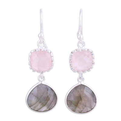 Labradorite and Rose Quartz Silver Dangle Earrings