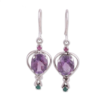 Amethyst Emerald and Ruby Dangle Earrings from India