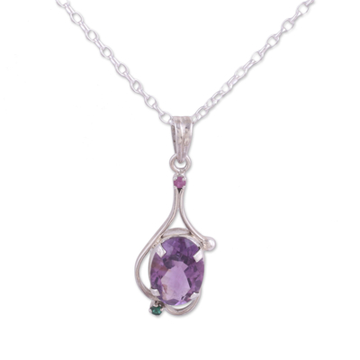 Amethyst Ruby and Emerald Pendant Necklace from India
