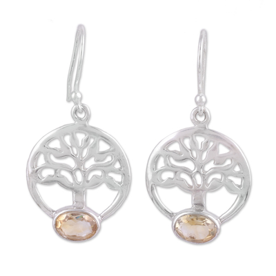 Tree-Shaped Citrine and Silver Dangle Earrings from India