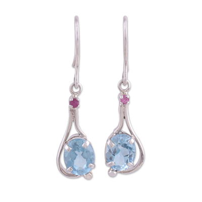 Indian Blue Topaz and Ruby Sterling Silver Dangle Earrings