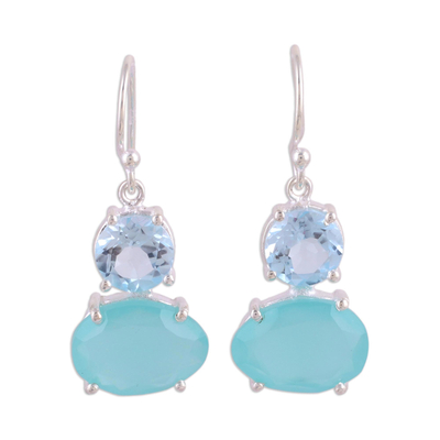 Blue Topaz and Chalcedony Prong Set Dangle Earrings