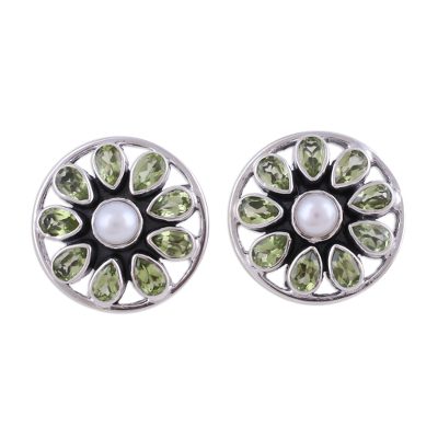 Star-Shaped Peridot and Pearl Button Earrings from India