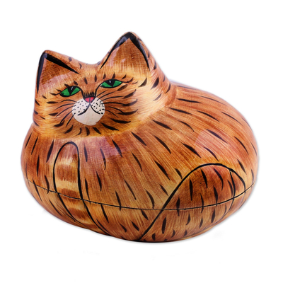 Brown Papier Mache Cat Decorative Box from India