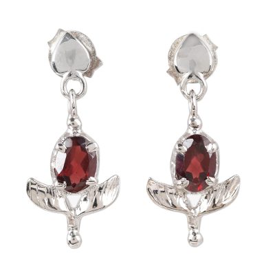 Rhodium Plated Garnet Dangle Earrings from India