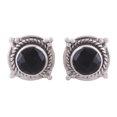 Black Onyx and Sterling Silver Button Earrings from India
