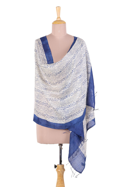 Handwoven Indigo and Ivory Patterned Indian Silk Shawl