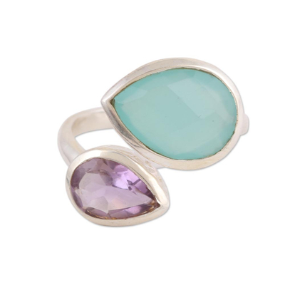 Blue Chalcedony and Amethyst Sterling Silver Wrap Ring