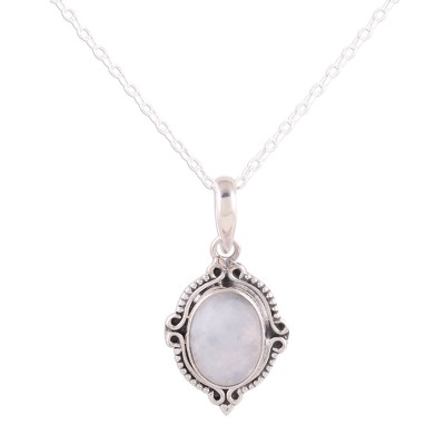Rainbow Moonstone and Sterling Silver Pendant Necklace