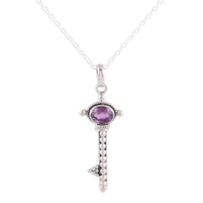 Handmade Key Pendant Necklace with Amethyst from India