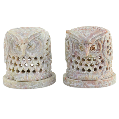 Hand Carved Soapstone Owl Tealight Candle Holders (Pair)