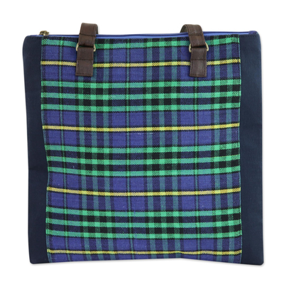 Plaid Blue and Green Cotton Tote Handbag from India