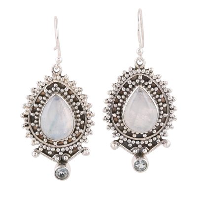 Rainbow Moonstone and Blue Topaz Dangle Earrings