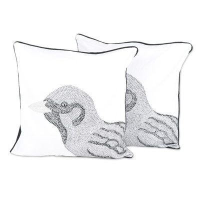 100% Cotton Sparrow Pattern Neutral Cushion Covers Pair