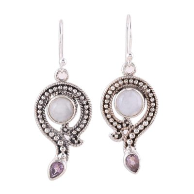 Rainbow Moonstone and Amethyst Dangle Earrings from India